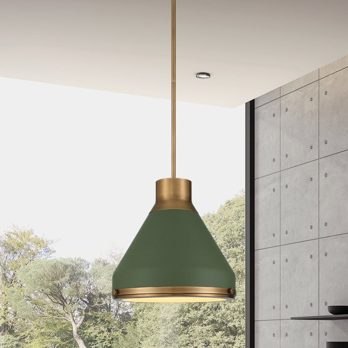 Pendant Light Thesis 207405A Doyle 18 inch 1 light Natural Brass Pendant Light with Matte Green Metal Shade THESIS