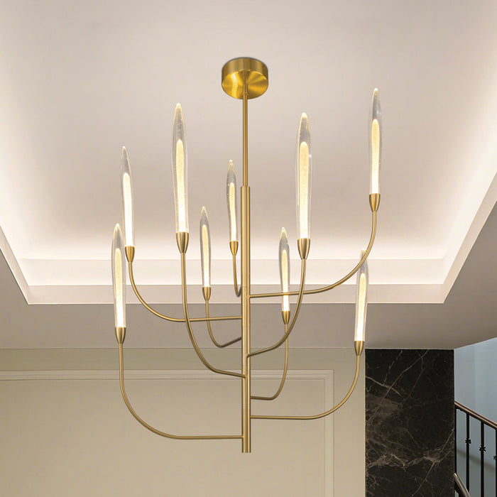 Chandelier Thesis 207267A Calle 36 inch 9 light Brass LED Chandelier with Gold Leaf Hand Pressed Glass Shades THESIS