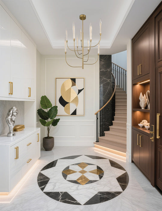 Chandelier Thesis 207267A Calle 36 inch 9 light Brass LED Chandelier with Gold Leaf Hand Pressed Glass Shades THESIS