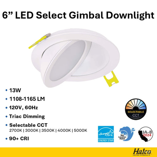 Halco - DFDLG6-13-CS - Direct Fit Gimbal 6" 13W CCT Select 90Deg Tilt Dimm T20 JA-8 product image