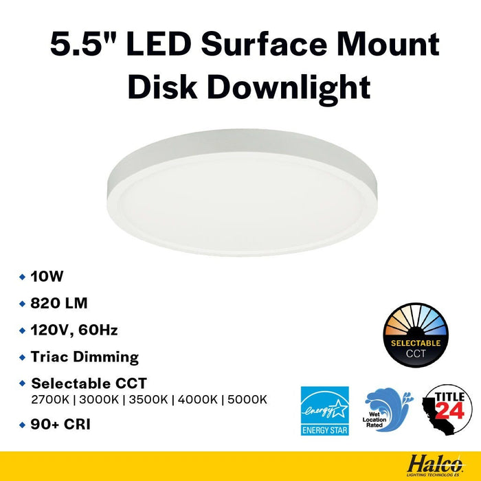 Halco - DSK-5.5-CS-120V - Surface Disk 5.5in 10W 820L CCT Select 120V Triac Dim product image