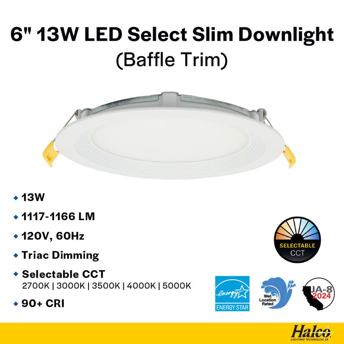 Halco - DFDLS6-15-CS-BT - LED Direct Fit Slim Downlight 6in 13W CCT Select Baffle Trim product image