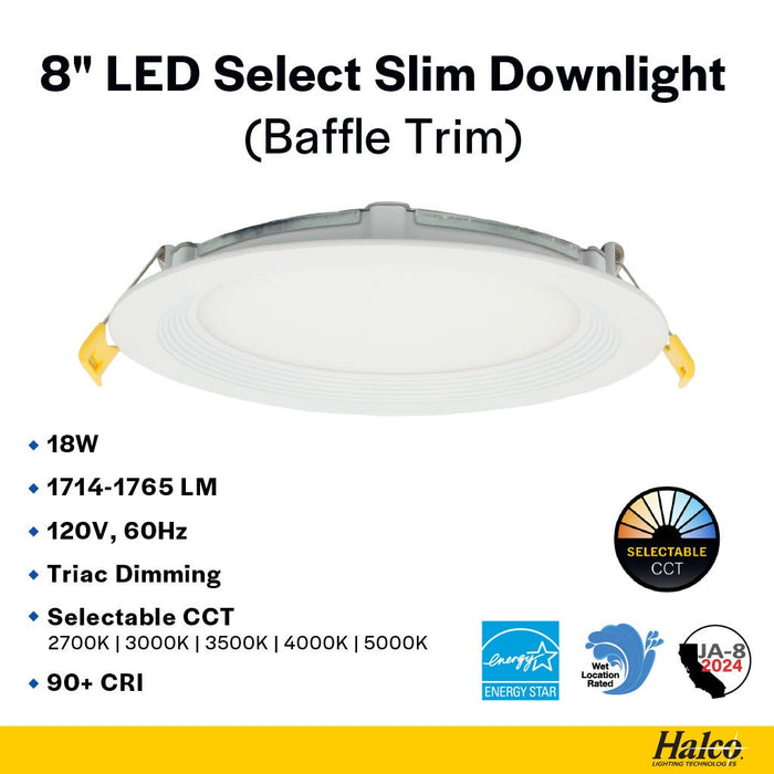 Halco - DFDLS8-18-CS-BT - LED Direct Fit Slim Downlight 8in 18W CCT Select Baffle Trim product image