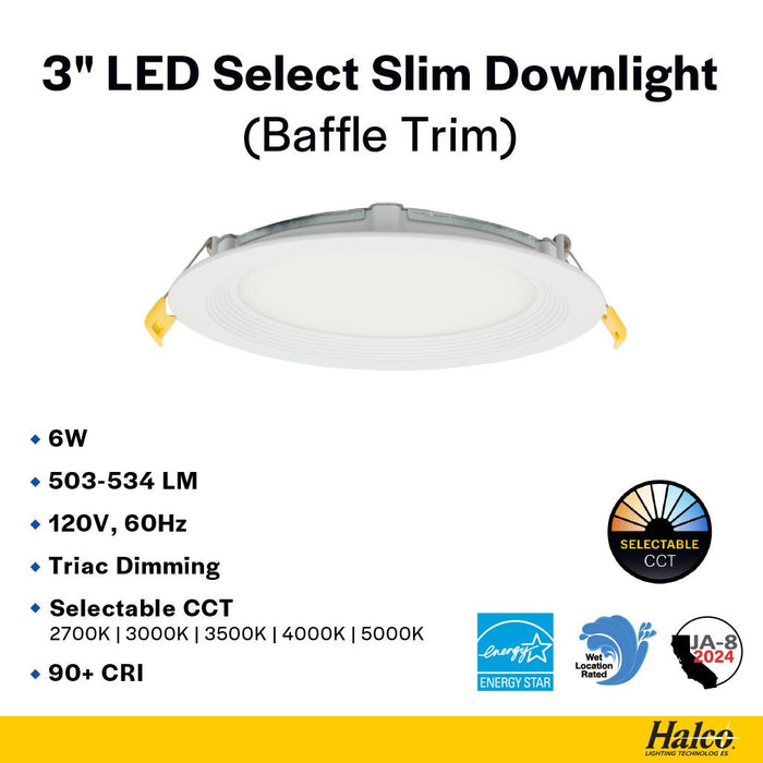 Halco - DFDLS3-8-CS-BT - LED Direct Fit Slim Downlight 3in 6W CCT Select Baffle Trim product image