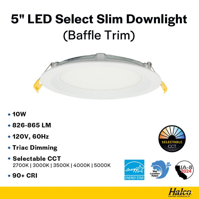 Halco - DFDLS5-12-CS-BT - LED Direct Fit Slim Downlight 5in 12W CCT Select Baffle Trim product image