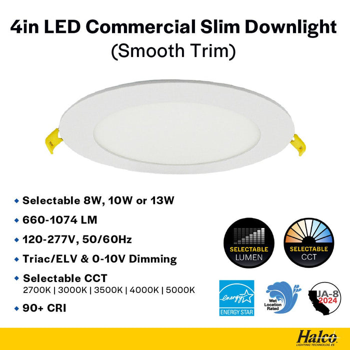 Halco - CSDL-4-LS-CS-ST-DDV - Commercial Slim Downlight 4in 13W Lumen-Color Select 660-1075lm Smooth Dimm product image