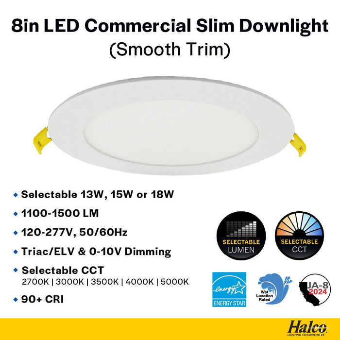 Halco - CSDL-8-LS-CS-ST-DDV - Commercial Slim Downlight 8in 18W Lumen-Color Select 1100-1500lm Smooth Dimm product image