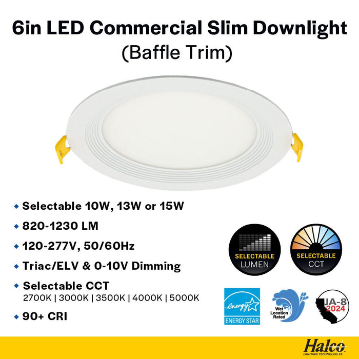 Halco - CSDL-6-LS-CS-BT-DDV - Commercial Slim Downlight 6in 15W Lumen-Color Select 820-1230lm Baffle Dimm product image