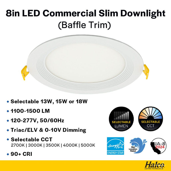 Halco - CSDL-8-LS-CS-BT-DDV - Commercial Slim Downlight 8in 18W Lumen-Color Select 1100-1500lm Baffle Dimm product image
