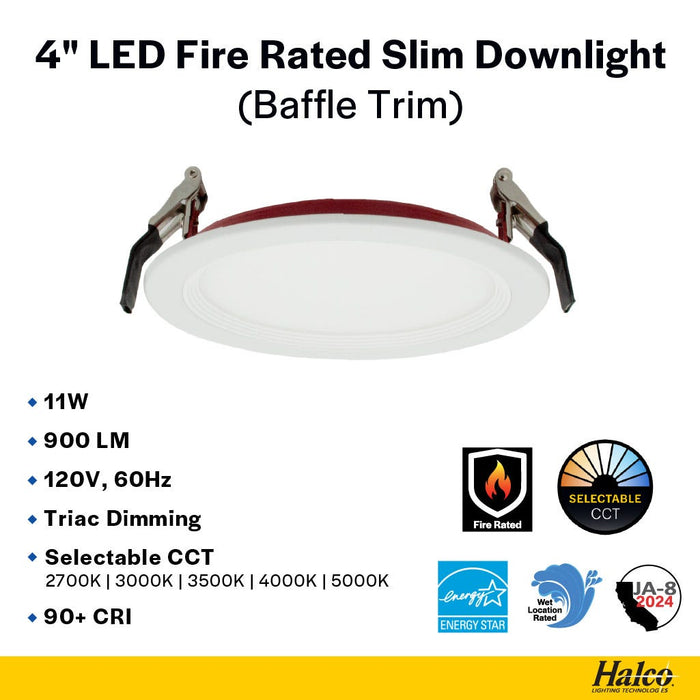 Halco - FRSDL-4-CS-BT-120V - Fire Rated 4in Slim Downlight Color Select 11W 900L Baffle Dimm product image