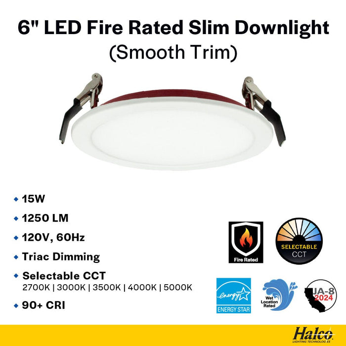 Halco - FRSDL-6-CS-ST-120V - Fire Rated 6in Slim Downlight Color Select 15W 1250L Smooth Dimm product image