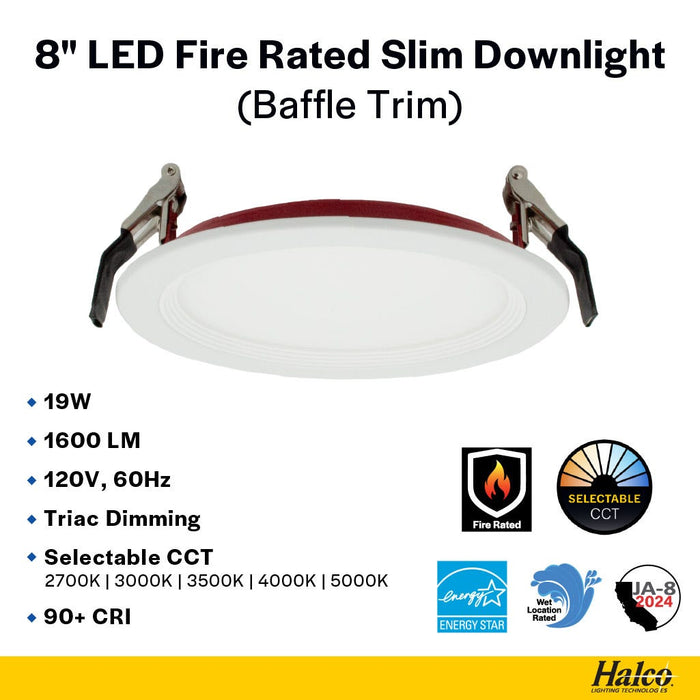 Halco - FRSDL-8-CS-BT-120V - Fire Rated 8in Slim Downlight Color Select 19W 1600L Baffle Dimm product image