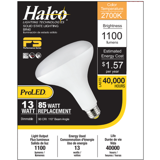 Halco - 13BR40-FL-LED-927-D-PS - LED BR40 Flood 13W 2700K Dim 90+ CRI 1100L T20 T24 JA8 product image