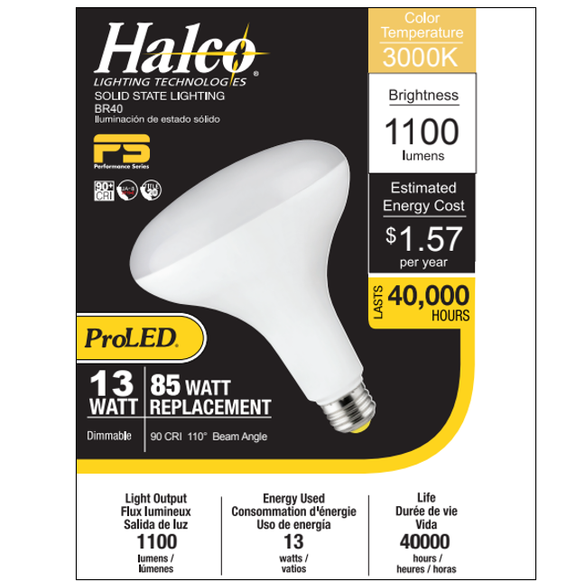 Halco - 13BR40-FL-LED-930-D-PS - LED BR40 Flood 13W 3000K Dim 90+ CRI 1100L T20 T24 JA8 product image
