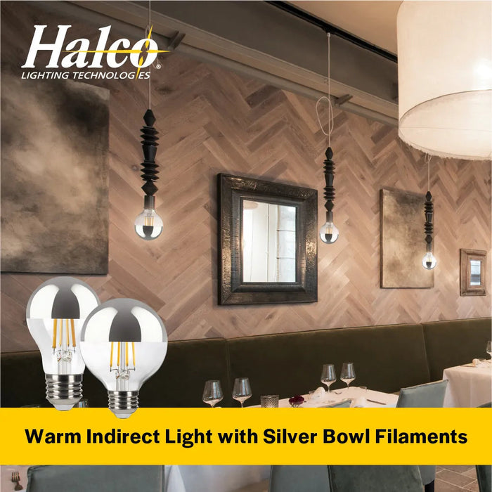 LED Filament Bulbs Halco - 9A19-CL-FLED4-927-E26-D-SB - LED Filament A19 Silver-Bowl E26 2700K 60W-equiv Clear Dim T20 Halco Lighting Technologies