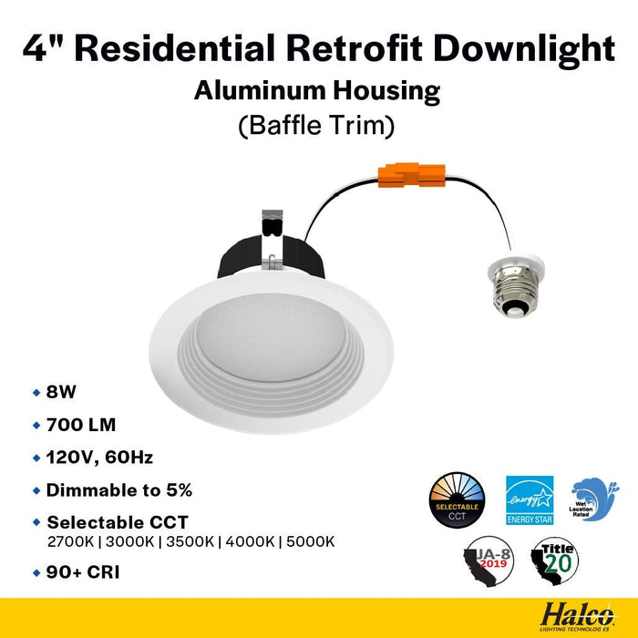 Halco - RDL4-8-CS-BT - LED Retrofit Downlight 4in 8W CCT Select Dimm Baffle Trim product image
