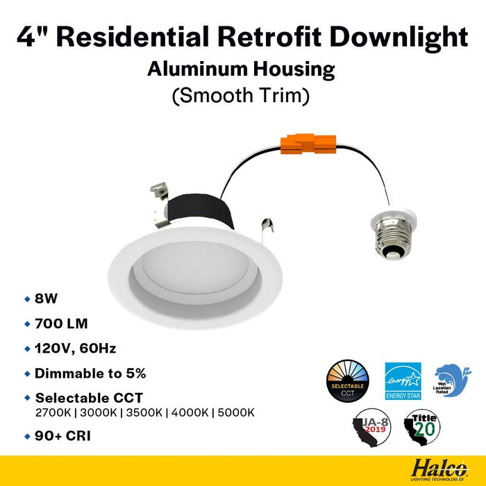 Halco - RDL4-8-CS-ST - LED Retrofit Downlight 4in 8W CCT Select Dimm Smooth Trim product image