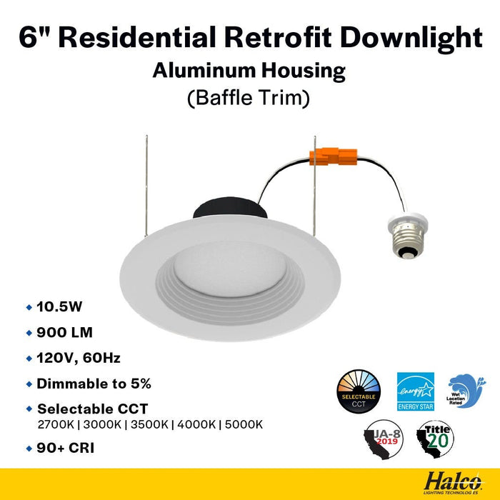 Halco - RDL6-10.5-CS-BT - LED Retrofit Downlight 6in 10.5W CCT Select Dimm Baffle Trim product image