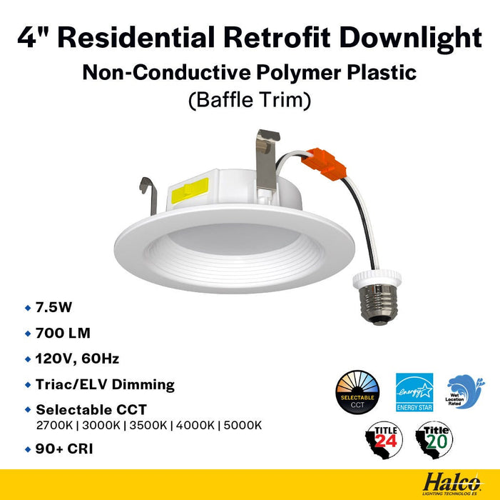 Halco - RDLC-4-CS-BT-120V - Resi Retrofit Downlight 4" 700lm Baffle 27-50K Triac Dim 7.5W product image