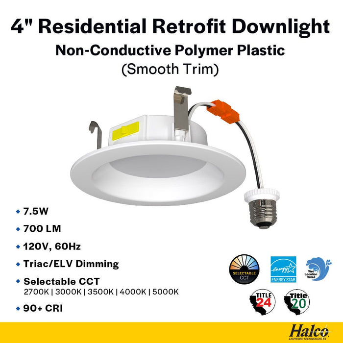 Halco - RDLC-4-CS-ST-120V - Resi Retrofit Downlight 4" 700lm Smooth 27-50K Triac Dim 7.5W product image