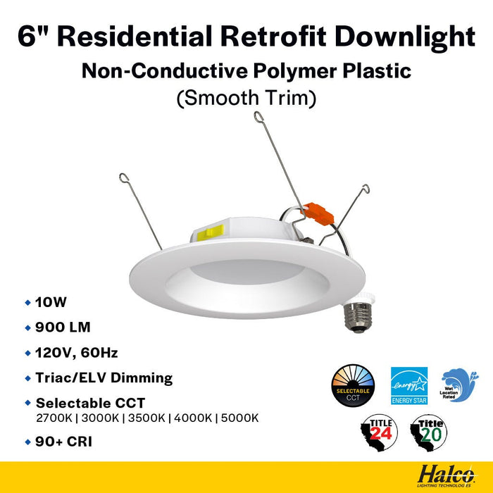 Halco - RDLC-6-CS-ST-120V - Resi Retrofit Downlight 6" 900lm Smooth 27-50K Triac Dim 10W product image