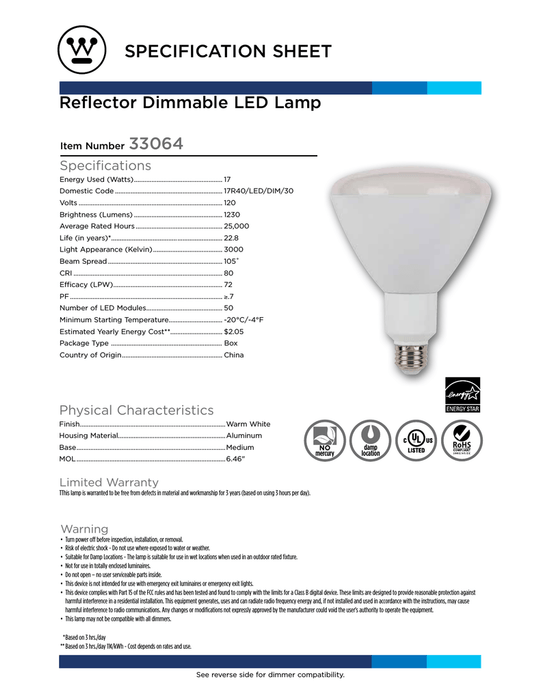 Westinghouse 33064 17R40/LED/DIM/30 17 Watts R40 Dimmable LED 3000K