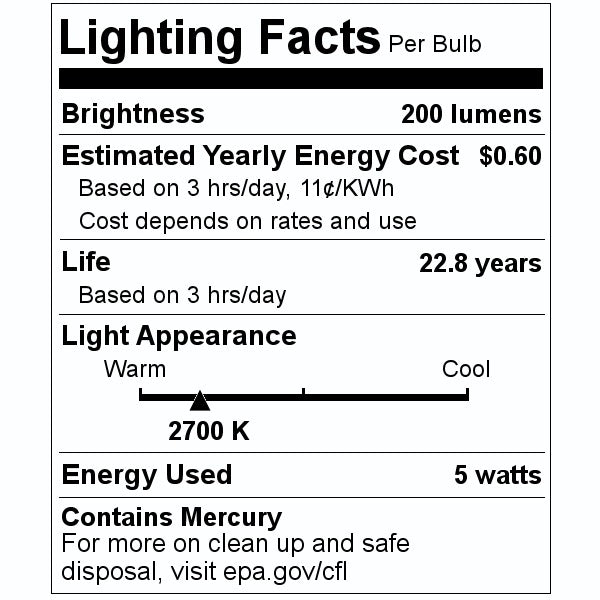 TCP 8G2505CL 5 Watt Cold Cathode Compact Fluorescent Light Bulb 2700K