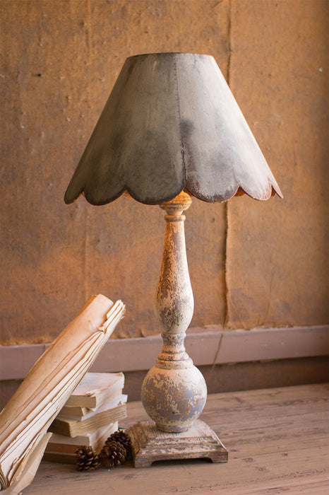 Table Lamp Kalalou CCG1588 Farmhouse Wood Table Lamp With Rustic Scalloped Metal Shade Kalalou