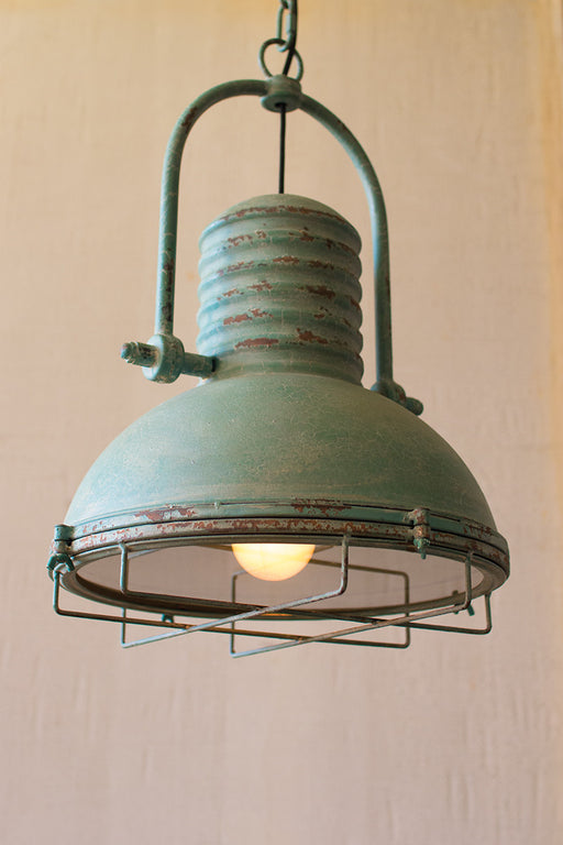 Pendant Kalalou CLA1098 Antique Turquoise Industrial Pendant Light with Glass and Wire Guard Kalalou