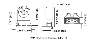 Lampholder Etlin-Daniels FL622 T-5 Medium / Short Profile, Rotary Lock, Snap-in, Screw Mount T5 Lampholder Etlin-Daniels