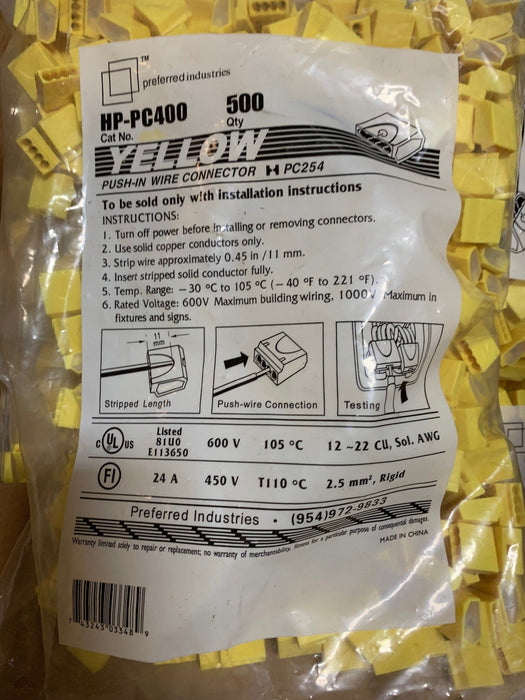 Preferred Industries HP-PC400 Yellow Push In Connector 4 lead Bag of 500