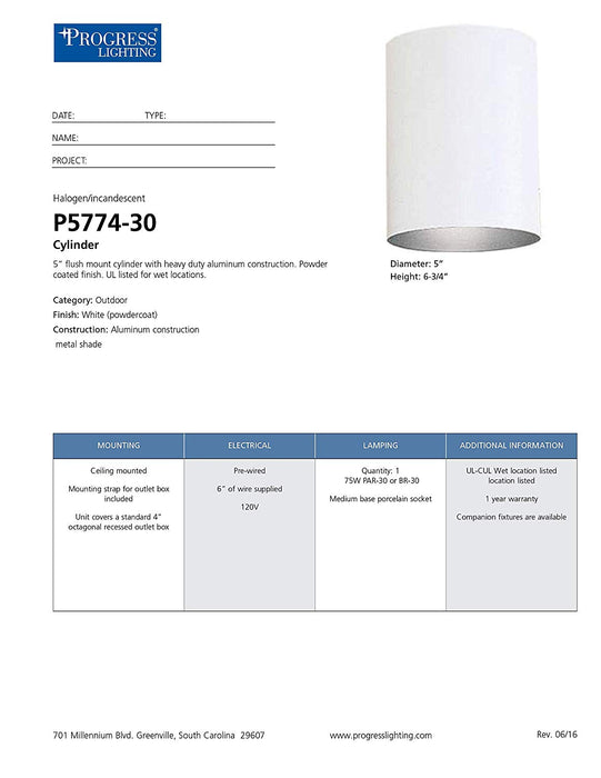 Progress P5774-30 5" White Outdoor LED Ceiling Mount Cylinder Fixture