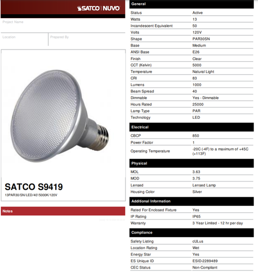 LED Par30 Satco S9419 13Watt Par30 Short Neck LED 5000K Medium Base Light Bulb Satco