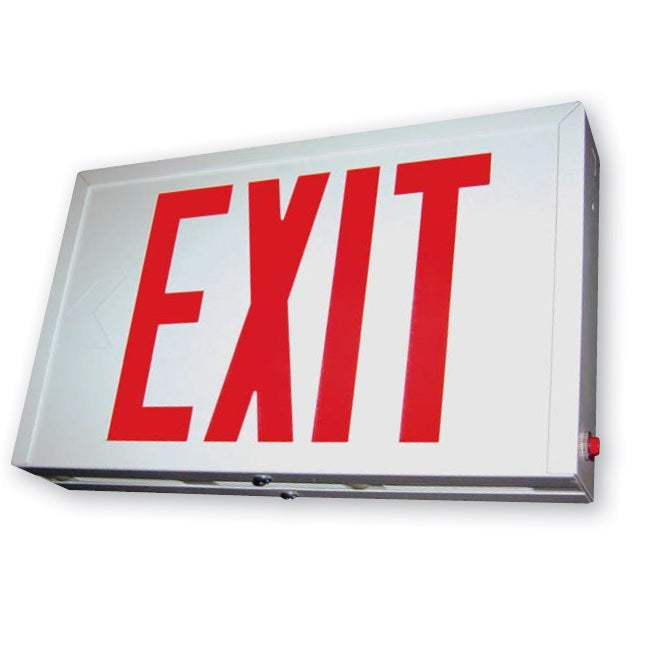 SXTEU2REM Steel Housing Exit Sign, White, Battery Backup Red Letters