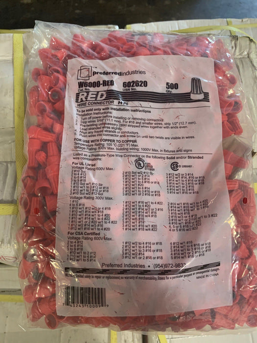 Preferred Industries Wire Connector W6000 602620 Red Non Winged (500-Pack)