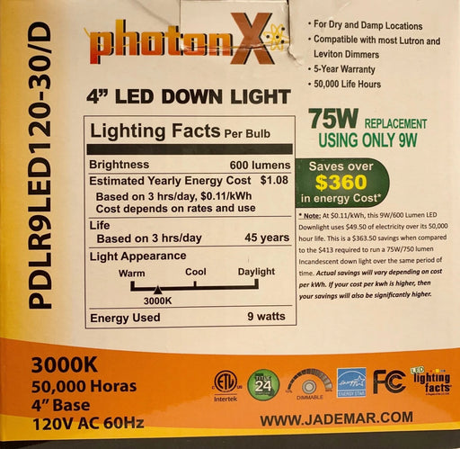 LED Recessed Downlight PhotonX PDLR9LED120-30/DIM 9W 4 inch LED Recessed Downlight 3000K PhotonX